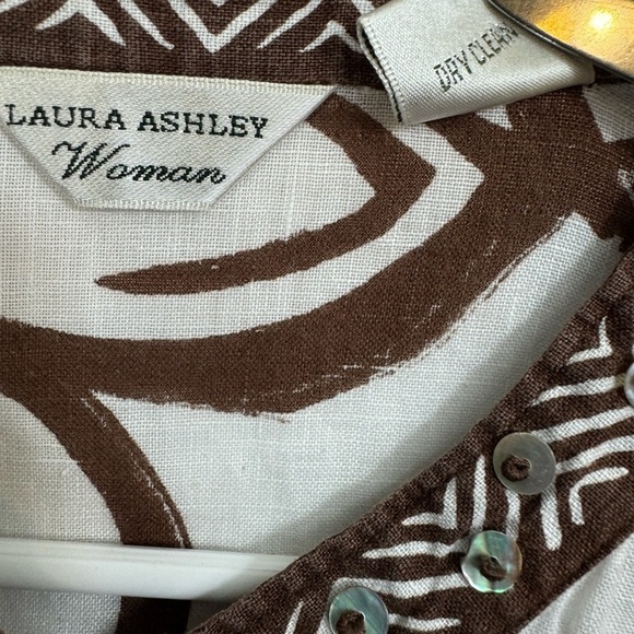Laura Ashley Size 2X White Brown 3/4 Sleeve 100% Linen Beaded Tunic Blouse - Picture 4 of 7